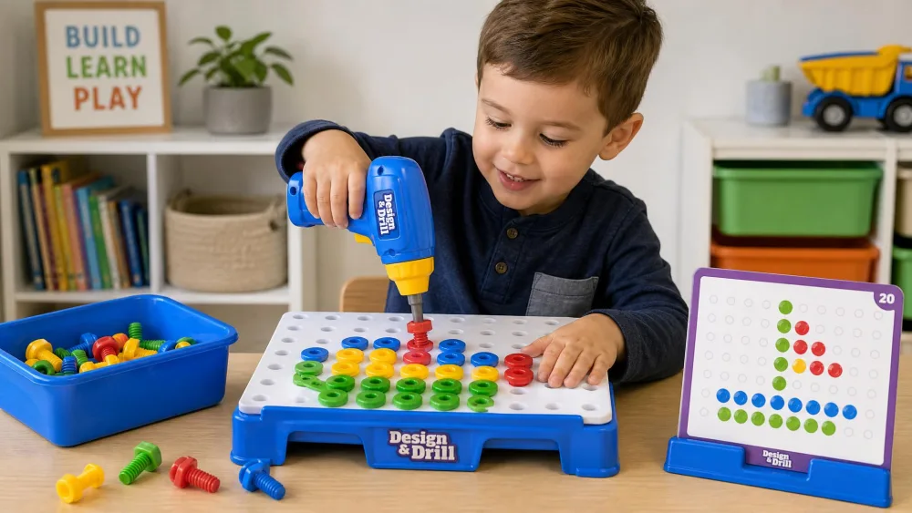 A 4-year-old driving a colored plastic bolt into the Design & Drill activity board with the kid-powered toy drill, loose bolts and a pattern card beside them.