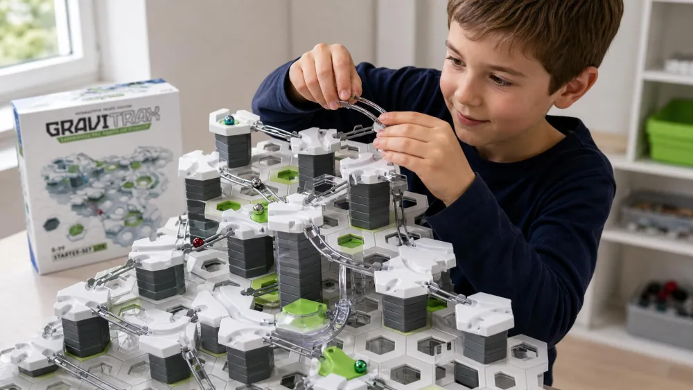 An 8-year-old fitting a curved track piece onto a tall GraviTrax marble run built on stacked hexagonal height tiles.