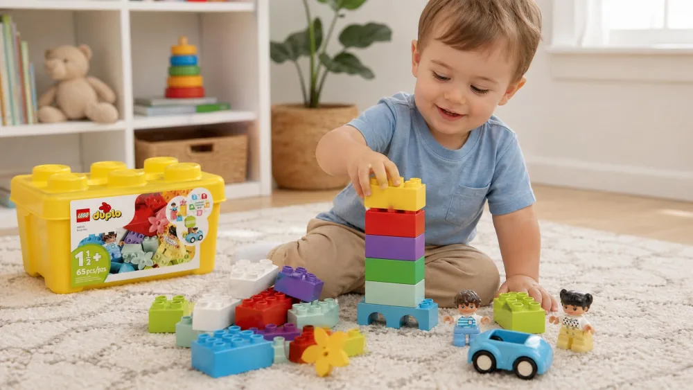 A two-year-old stacking oversized LEGO DUPLO bricks from the 10913 Classic Brick Box, with the yellow storage box and the small car nearby.