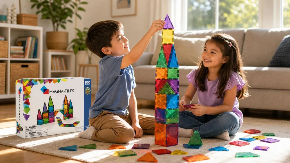 Two siblings building a tall translucent tower from a MAGNA-TILES Classic 100-Piece set on a sunlit living room floor.