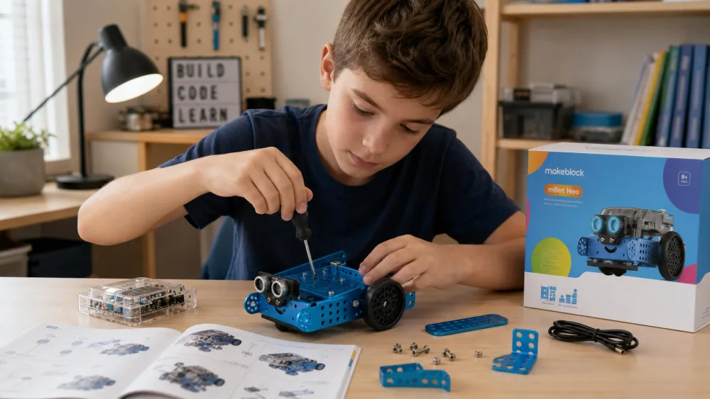 An 11-year-old screwing together the blue metal chassis of a half-built Makeblock mBot, with sensors, wheels and instructions on the desk.