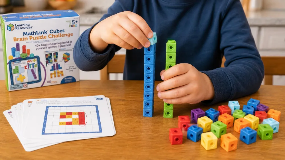 A child's hands snapping colored MathLink Cubes into two towers of ten at a kitchen table, with a pile of loose cubes alongside.