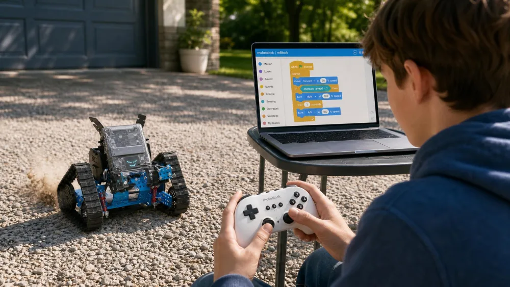 A 12-year-old driving the all-terrain Makeblock mBot2 Rover across a gravel driveway, with a laptop showing the block coding workspace.