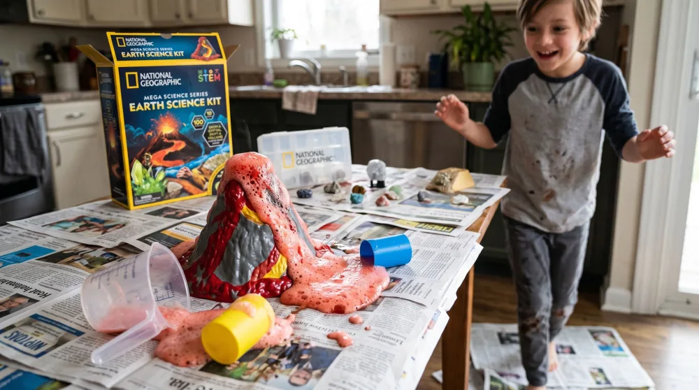 A 9-year-old stepping back as the plaster volcano from the National Geographic Earth Science Kit erupts onto a newspaper-covered table.