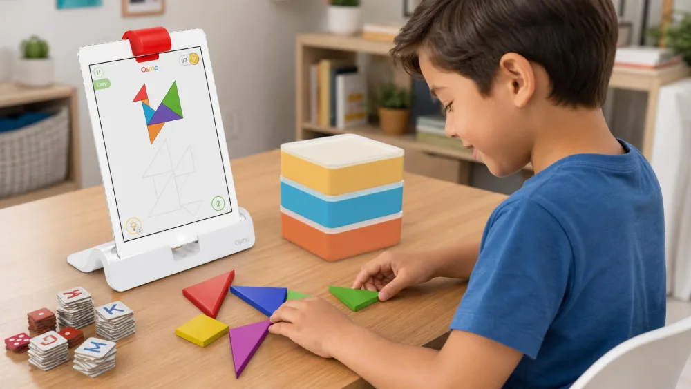 A 7-year-old arranging colored Tangram pieces on a table in front of an iPad seated in the white Osmo base with the red reflector attached.