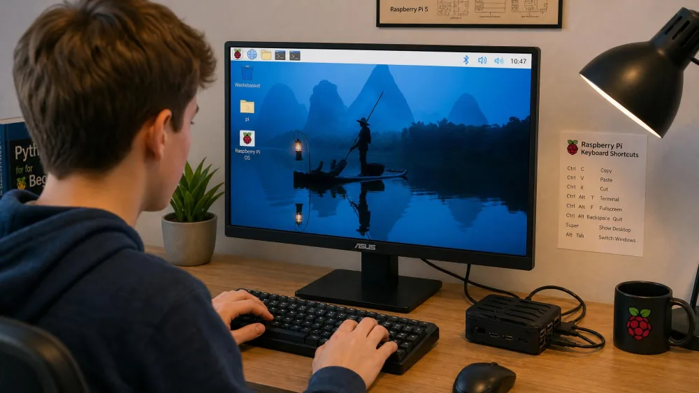 A teenager typing at a keyboard wired to a Raspberry Pi 5 in a black CanaKit case, with the Raspberry Pi OS desktop on the monitor.