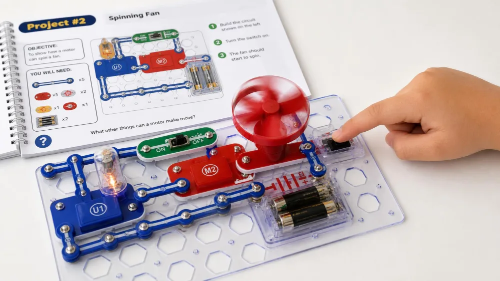 A child's finger pressing the switch on a completed Snap Circuits Jr. build, with the fan spinning and the project manual open alongside.