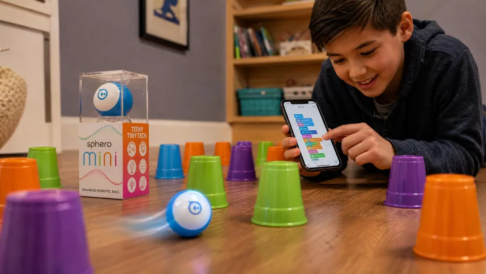 A blue Sphero Mini rolling through a course of plastic cups on a hardwood floor while a 9-year-old drags code blocks on a phone.