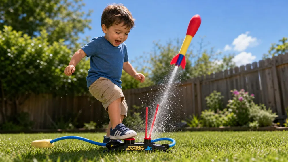 A preschooler stomping on the Stomp Rocket Jr launch pad in a grassy backyard as a foam rocket shoots upward from the stand.