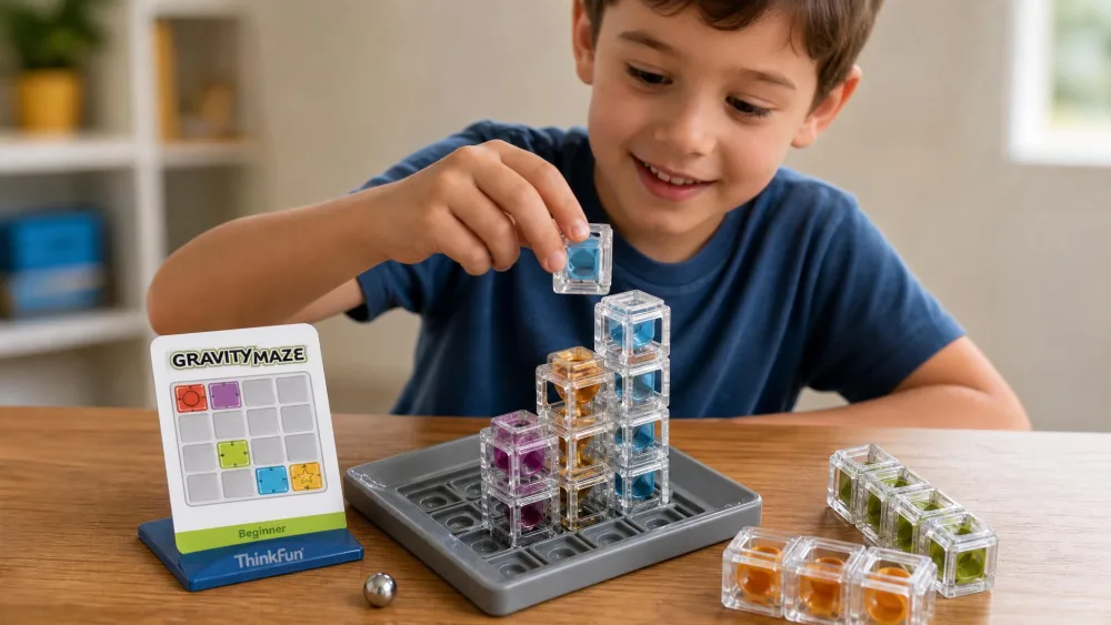 A child placing a clear Gravity Maze tower onto the blue game grid, with a challenge card propped up and a steel marble ready.