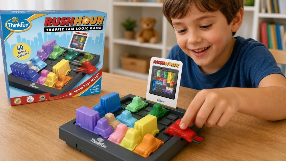 A child sliding the red escape car toward the exit on the ThinkFun Rush Hour grid, surrounded by blocking cars and trucks.