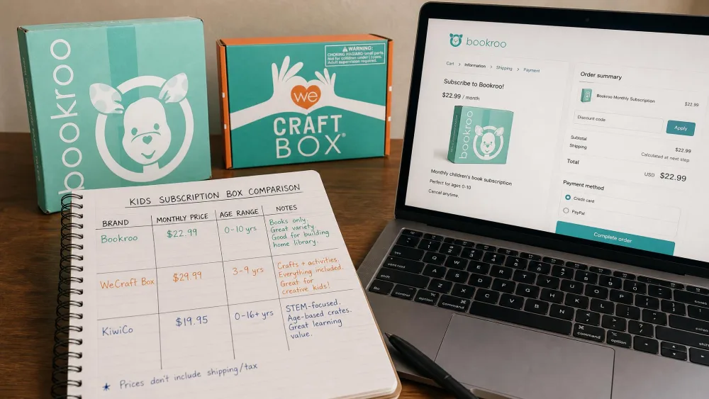 A parent's handwritten notepad comparing kids' subscription box brands by monthly price and age range, beside a laptop showing a checkout page.