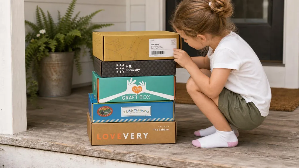 Five unopened kids' subscription boxes stacked on a farmhouse porch step, with a child in socks crouching to read the shipping label on the top one.