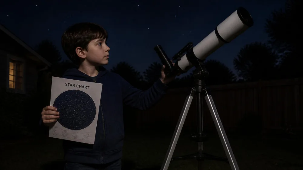 A nine-year-old holding a paper star chart in one hand and steadying a tripod-mounted refractor with the other in a dark backyard.