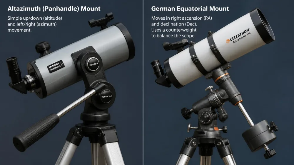 Close-up comparison of an altazimuth panhandle mount and a German equatorial mount with counterweight, both carrying beginner telescope tubes.