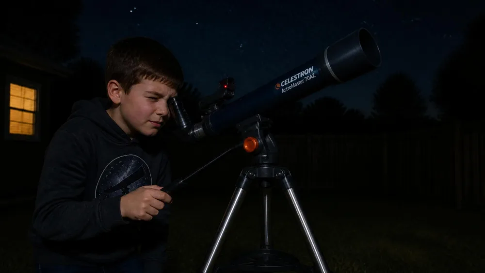 A nine-year-old aiming a Celestron AstroMaster 70AZ refractor on its alt-azimuth tripod in a dark backyard, one hand on the panhandle and the red dot finder glowing.