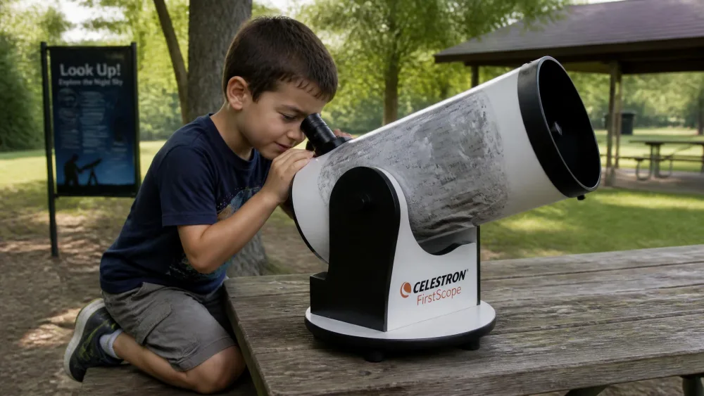 A six-year-old kneeling at a picnic table looking into the eyepiece of a Celestron FirstScope tabletop Dobsonian, the printed lunar map wrap visible along the white tube.