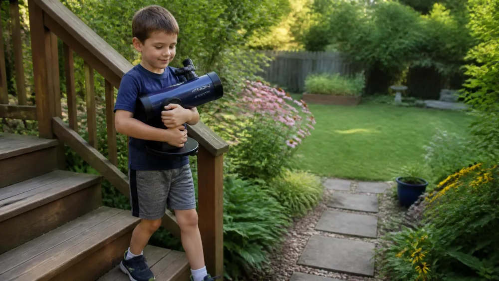 A seven-year-old carrying a 4.3 lb tabletop telescope down the back steps toward the garden, holding it against their chest with both arms.