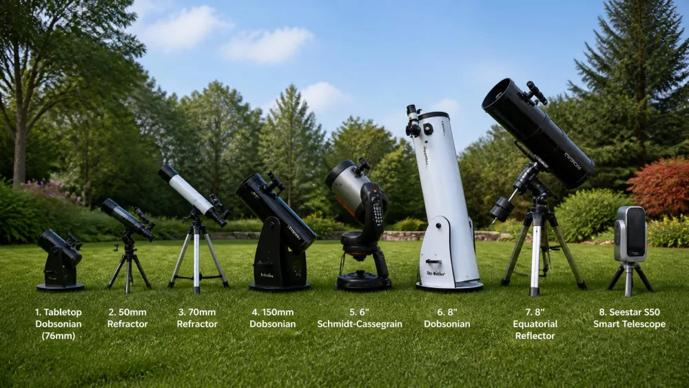 All eight reviewed telescopes arranged by size across a lawn, from the smallest tabletop scope to the tall equatorial reflector and the compact smart telescope.