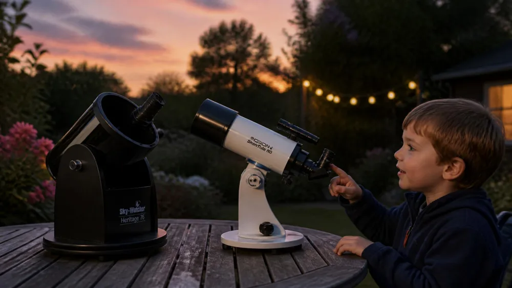 Two tabletop first telescopes side by side on a garden table at dusk, a small Dobsonian and a short refractor, with a five-year-old reaching toward the nearer eyepiece.