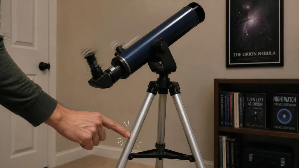 An adult hand tapping the leg of a beginner telescope tripod to check for wobble, the tube pointed high and the eyepiece shaking.