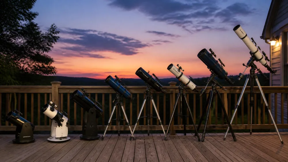 Eight beginner telescopes of different sizes lined up along a wooden porch rail at dusk, ranging from a small tabletop Dobsonian to a tall tripod-mounted refractor.