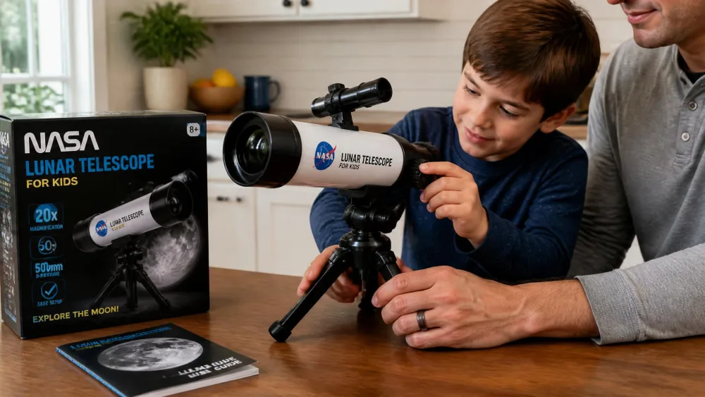 The NASA Lunar Telescope for Kids set up on a kitchen table beside its box, with a parent's hands steadying the tabletop tripod while a child adjusts the focus knob.