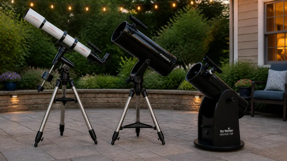 A refractor, a tripod reflector and a tabletop Dobsonian standing side by side on a patio so the tube shapes and mounts can be compared.