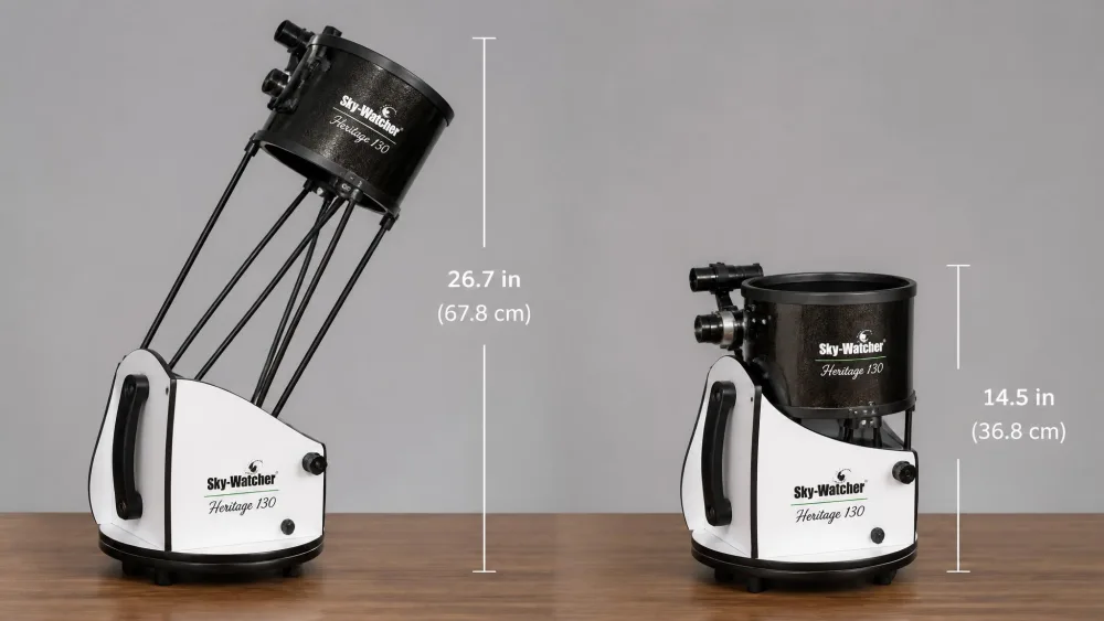 A Sky-Watcher Heritage 130 tabletop Dobsonian shown twice side by side, once with the truss tube extended and once collapsed to about 14.5 inches for carrying.