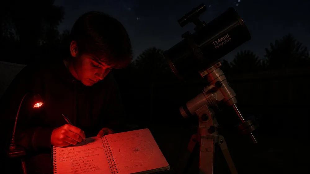 A thirteen-year-old writing in an observing notebook by red torchlight beside a 114mm reflector on an equatorial mount.