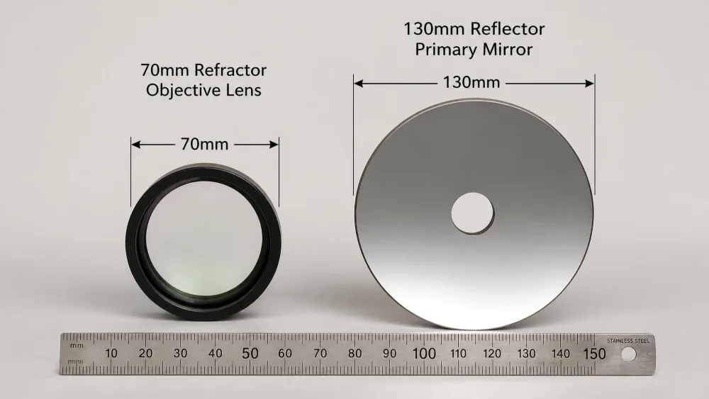 A 70mm refractor objective lens and a 130mm reflector mirror shown next to each other to compare aperture size, with a ruler for scale.