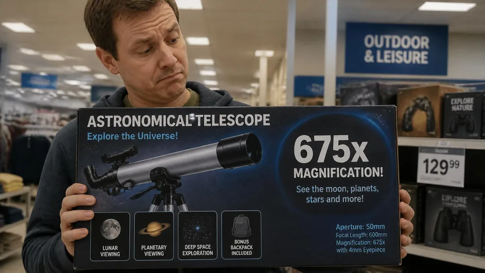 A parent holding a department-store telescope box showing a large 675x magnification claim next to a small 50mm aperture specification printed in fine print.