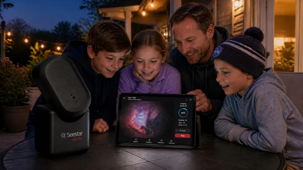 A ZWO Seestar S30 Pro smart telescope on a patio while three children and an adult look at a nebula image forming on a tablet screen beside it.