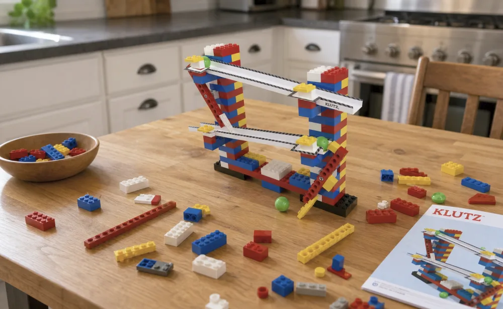 A LEGO Chain Reactions marble run on a kitchen table.