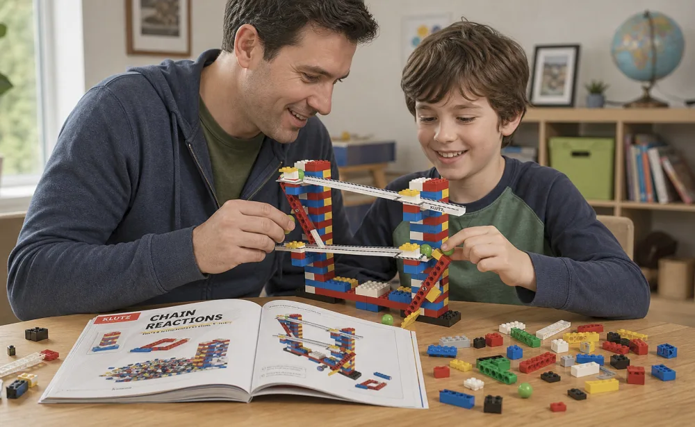 A parent and a school-age child sitting together at a table building a LEGO Chain Reactions lever machine, with loose LEGO bricks from a home collection scattered around the open Klutz book.
