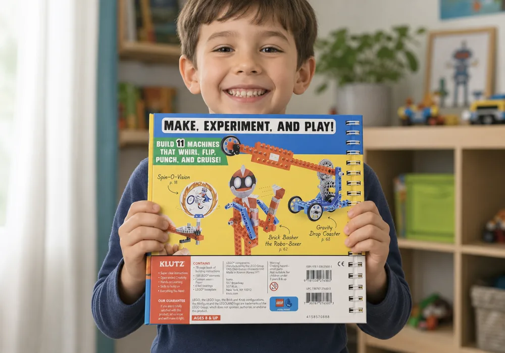 The back of the Klutz LEGO Gadgets box being held up by a smiling 7 year old boy.