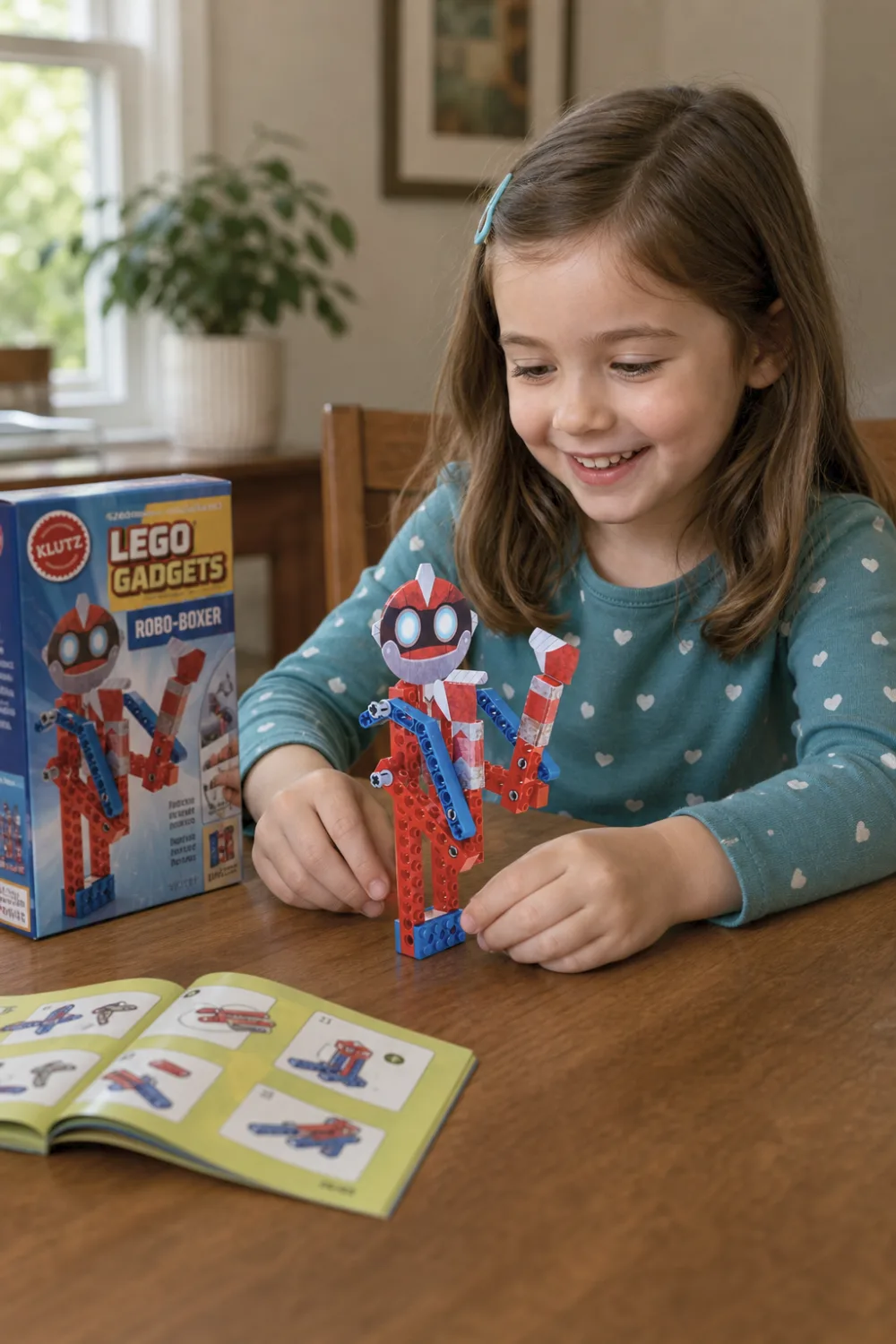 The Klutz LEGO Gadgets Robo-Boxer on a dining table, with a 6 year old girl playing with it.