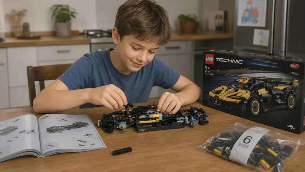 A child assembling the partly built LEGO Technic 42151 Bugatti Bolide chassis at a kitchen table, with the instruction booklet and a numbered parts bag alongside.