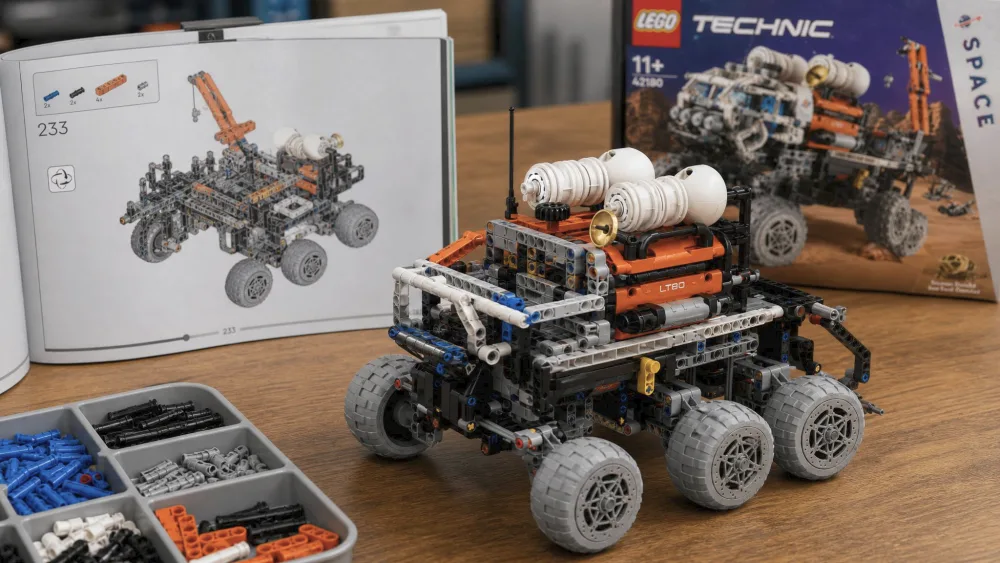 A partially assembled LEGO Technic 42180 Mars Crew Exploration Rover on a wooden table, gray chassis and orange beams visible, with the open instruction manual propped beside it and loose Technic pins in a tray.