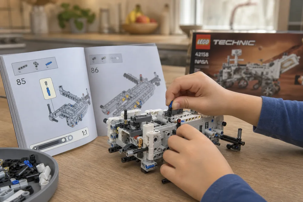 A child's hands pressing a Technic pin into the half-built grey chassis of the LEGO 42158 Mars Rover on a kitchen table, with the open instruction booklet propped beside it.