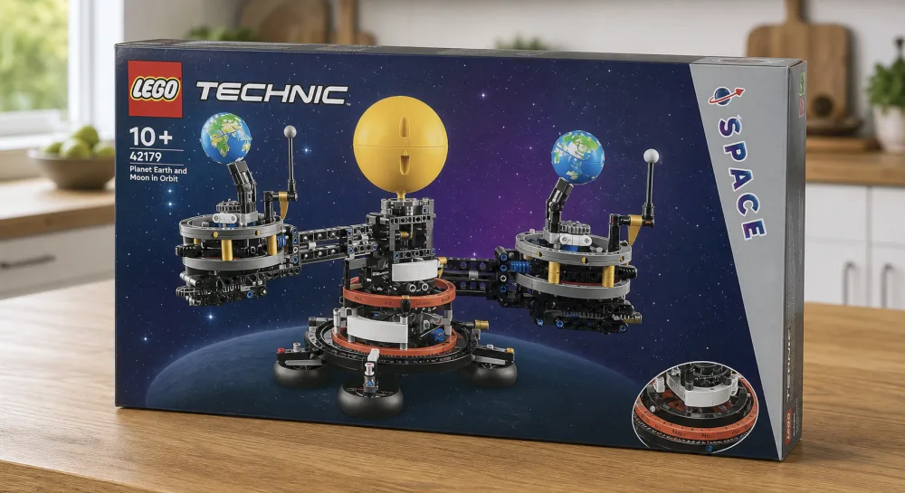 The LEGO Technic 42179 box on a wooden kitchen table, artwork showing the assembled orrery with Earth, Moon, and the printed month ring.