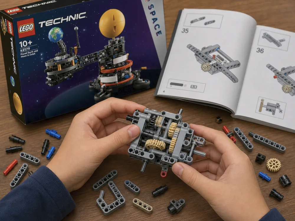 A child's hands assembling the gearbox of LEGO Technic 42179, with grey Technic beams and tan gears partly built and the open instruction booklet beside it.