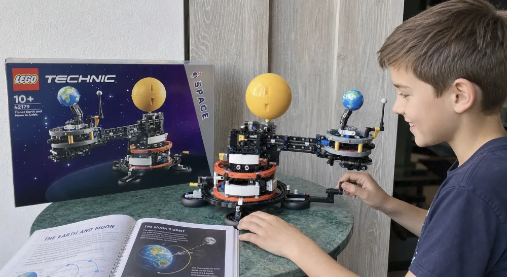 A ten-year-old turning the hand crank on the assembled LEGO Technic 42179 orrery, watching the Earth globe rotate and the Moon arm swing during a homeschool science lesson.