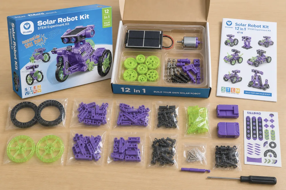 The Sillbird 12-in-1 Solar Robot Building Kit box opened on a table showing the solar panel, motor, gears, illustrated manual, and sorted plastic pieces laid out neatly.