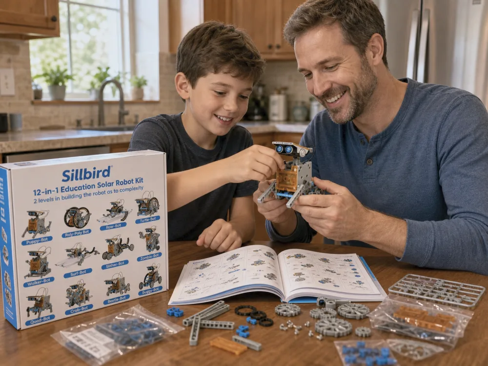 A nine-year-old boy and his father assembling a small Sillbird solar robot at a wooden kitchen table, with the open Sillbird 12-in-1 box and loose plastic pieces and gears spread out around the instruction booklet.