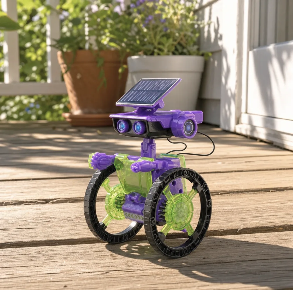 A small assembled Sillbird solar-powered robot sitting on a sunlit wooden porch, its solar panel angled toward the sun and the robot's wheels and gears clearly visible.