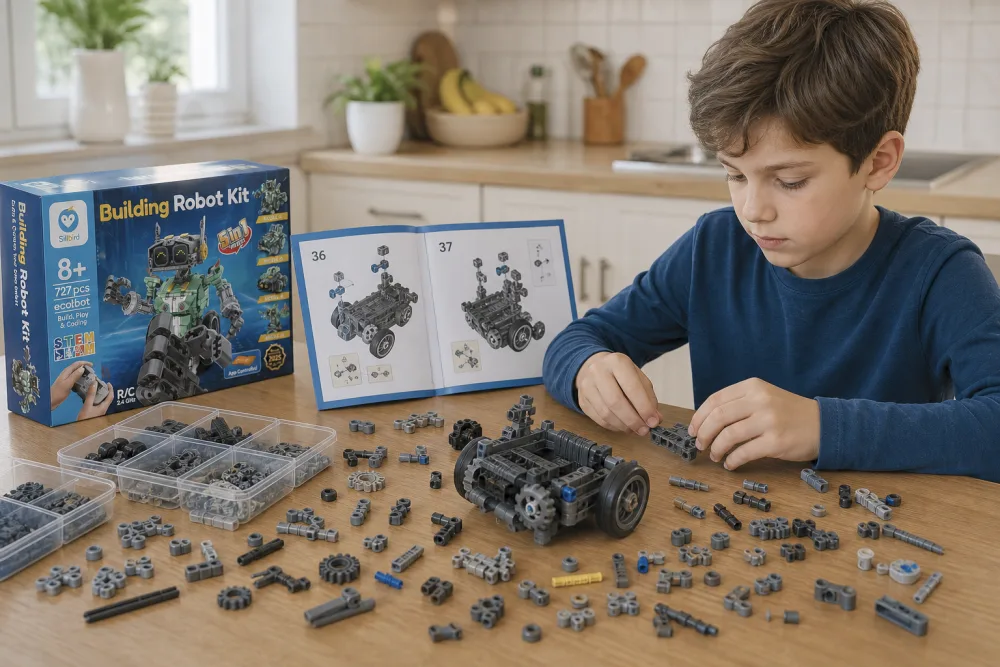 A child aged about nine sorting small grey and black Sillbird robot parts on a wooden kitchen table, with the open instruction booklet propped up and a half-built robot chassis in front of them.