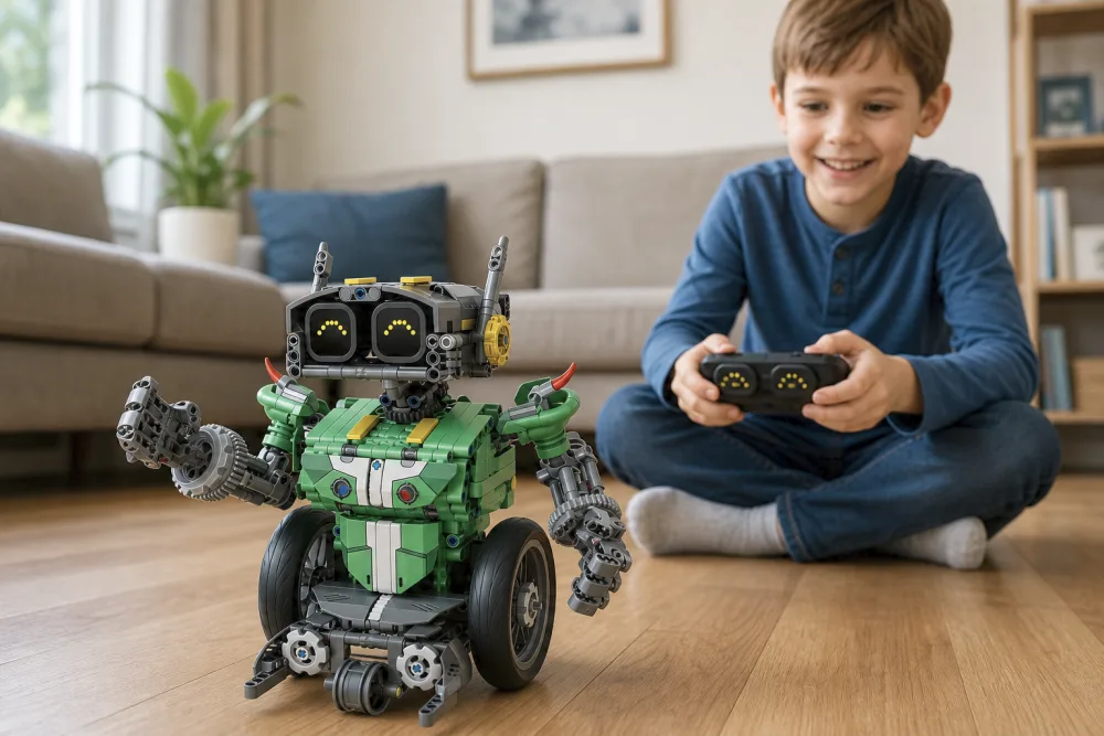 A fully assembled Sillbird robot model driving across a hardwood living-room floor while a child holds the black remote control in the background.