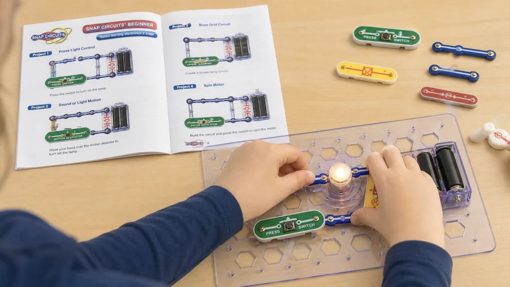 A young child's hands pressing a color-coded snap part onto the Snap Circuits Beginner base grid to complete a lamp circuit, picture manual open beside them.