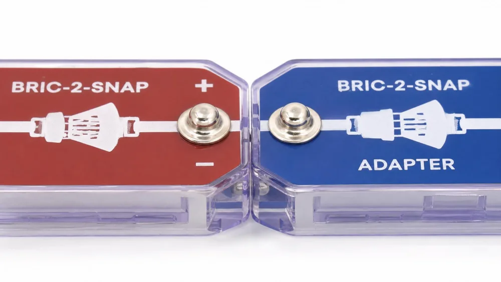 Close-up of two Snap Circuits BRIC components clicked together by their metal snaps, showing a secure Bric-2-Snap connection.